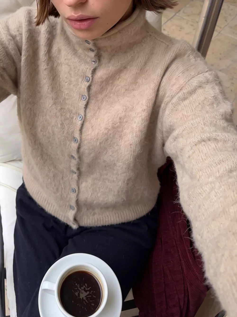 Mock Neck Button-Down Fuzzy Knit Cardigan, image 3