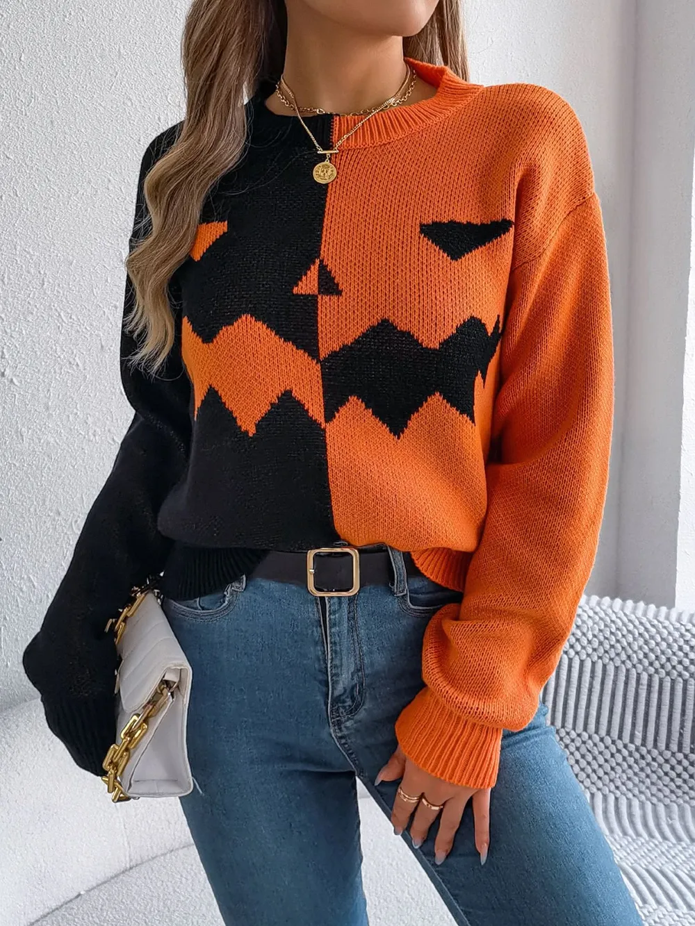 Contrast Round Neck Long Sleeve Sweater, image 6