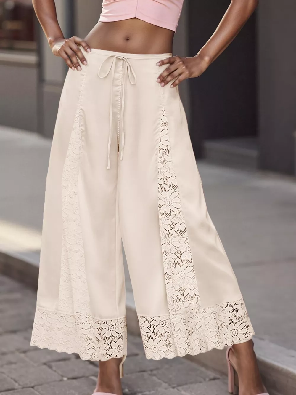Lace Trim Wide-Leg Cropped Pants, image 11