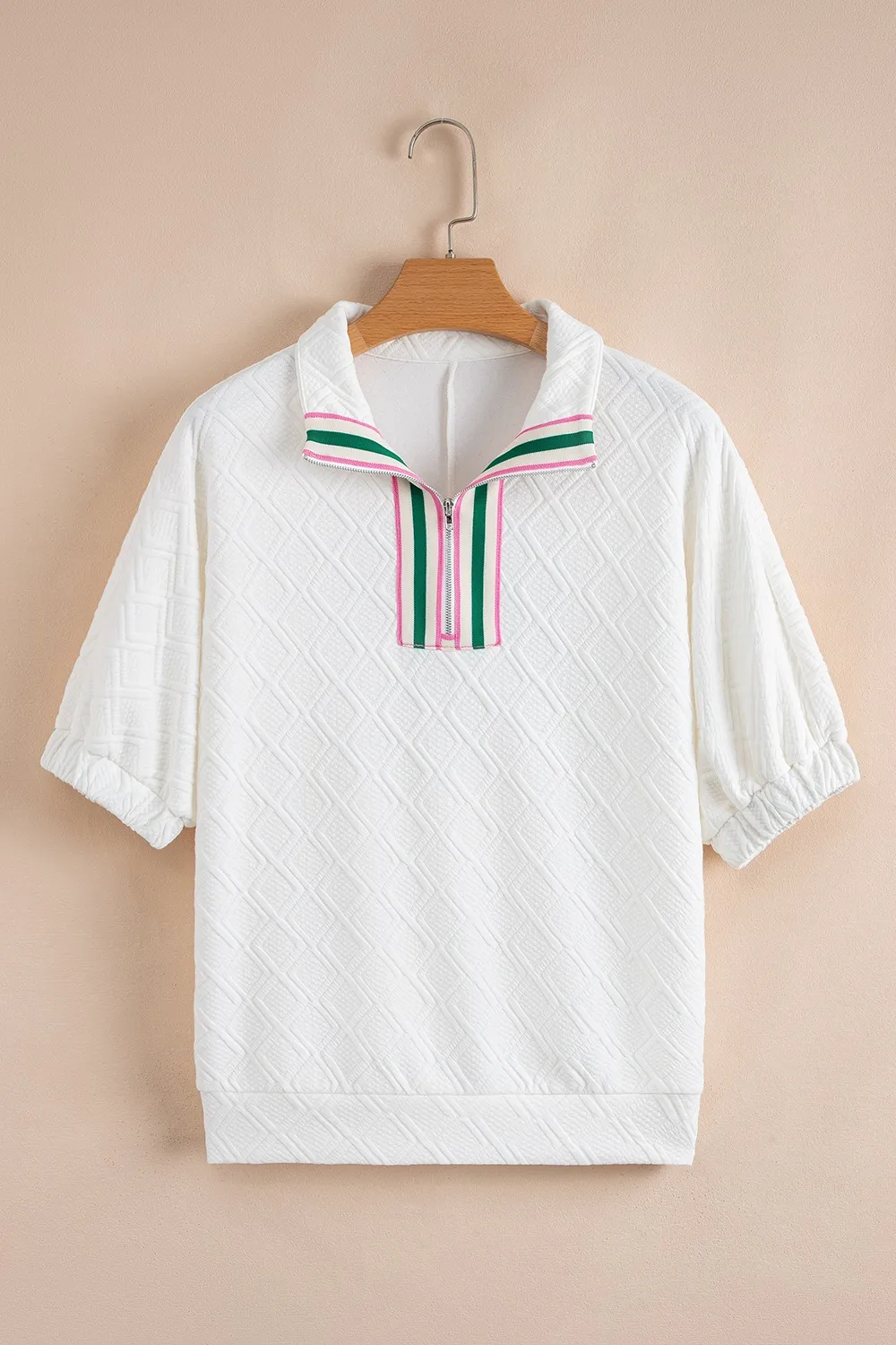 Contrast Striped Collar Patchwork Textured Half Sleeve Blouse, image 6