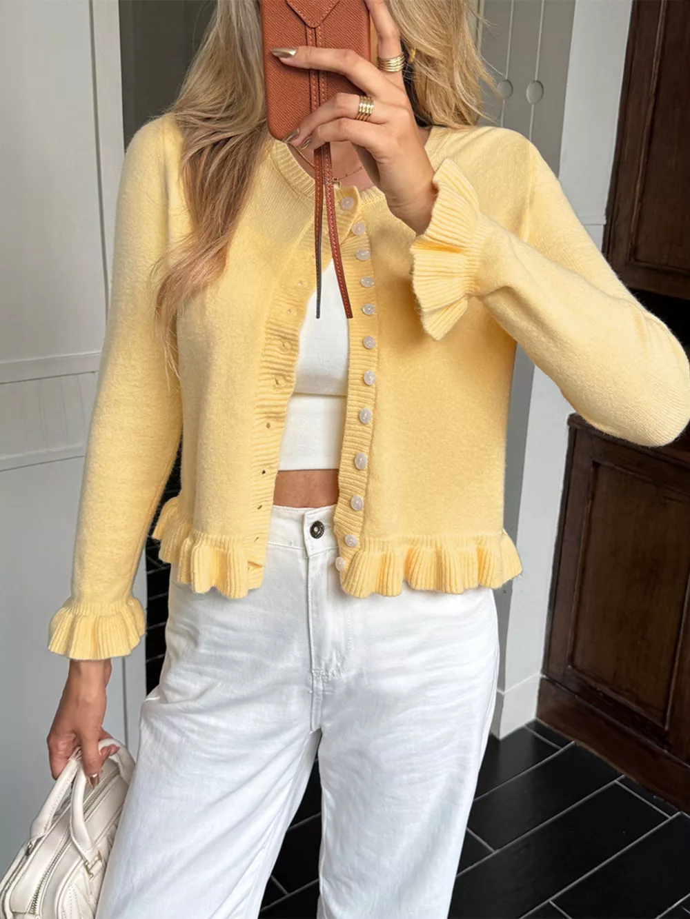 Ruffled Trim Button-Up Knit Cardigan, image 3
