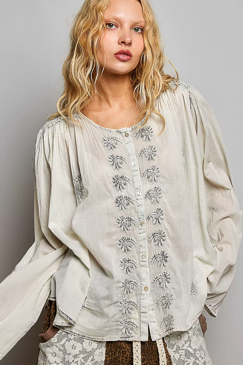 POL Embroidered Button Front Woven Shirt