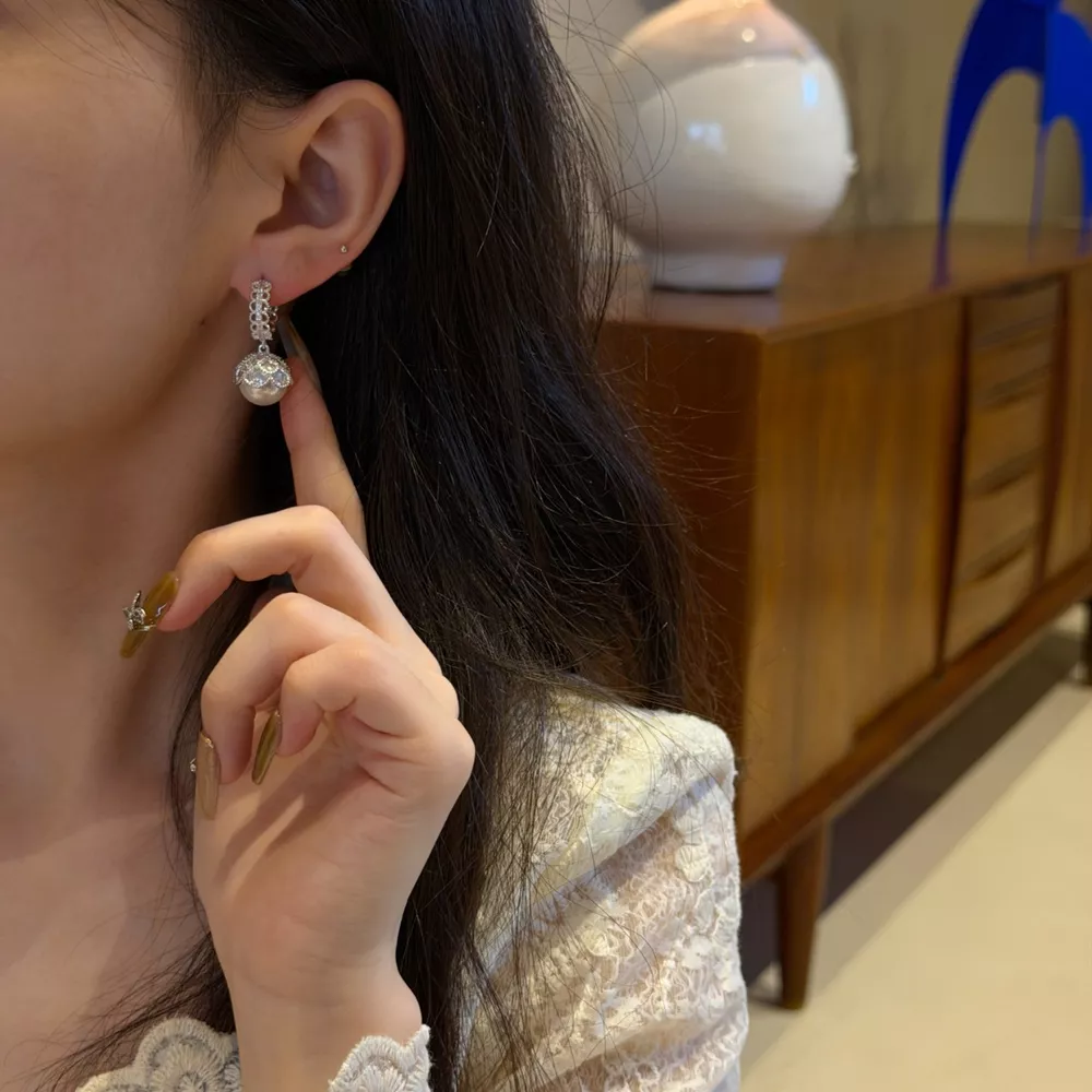 Pearl Hoop Earrings with Zircon Accents, image 3