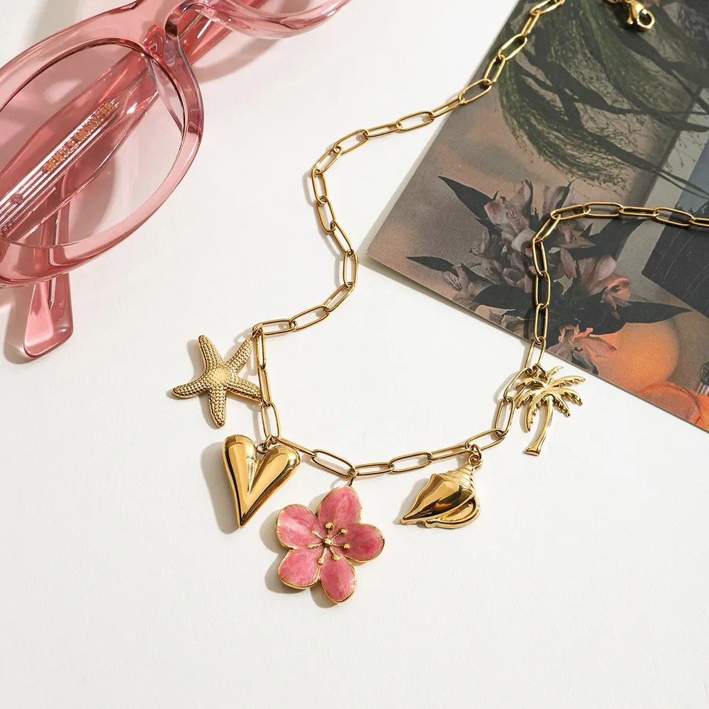 Beach Theme Pendant Necklace with Resin Flower, image 2