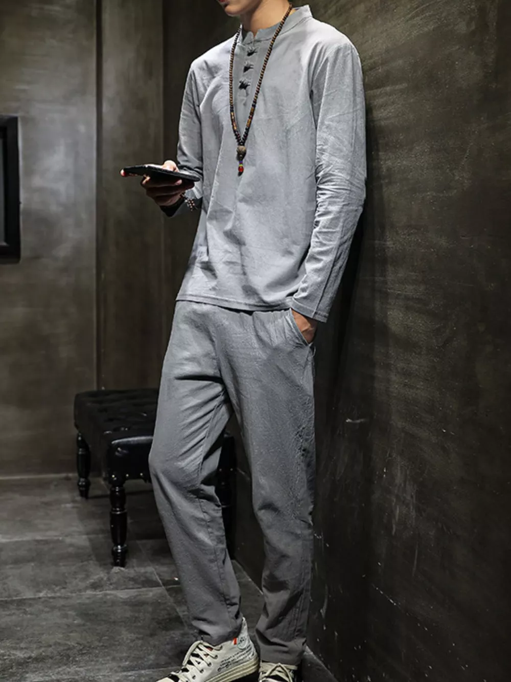 Men's Plus Size Button Detail Long Sleeve Top and Pants Set, image 5