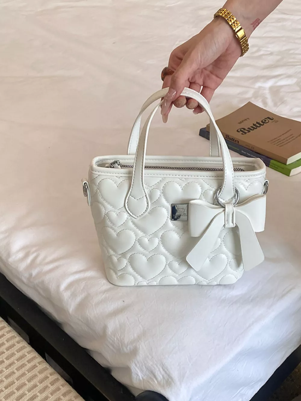 Chic Quilted Heart Crossbody Bag with Bow Accent, image 4