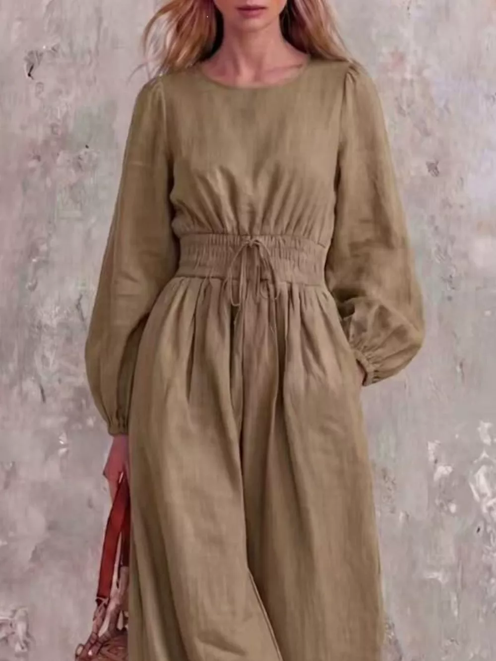 Smocked Waist Long-Sleeve Jumpsuit, image 4