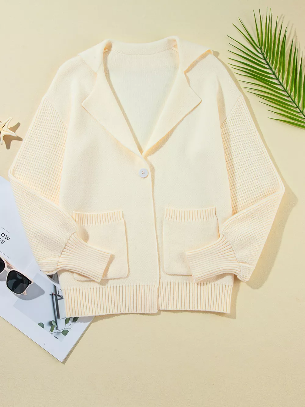 Solid Color Knit Lapel Collar Single Button Sweater Cardigan, image 3