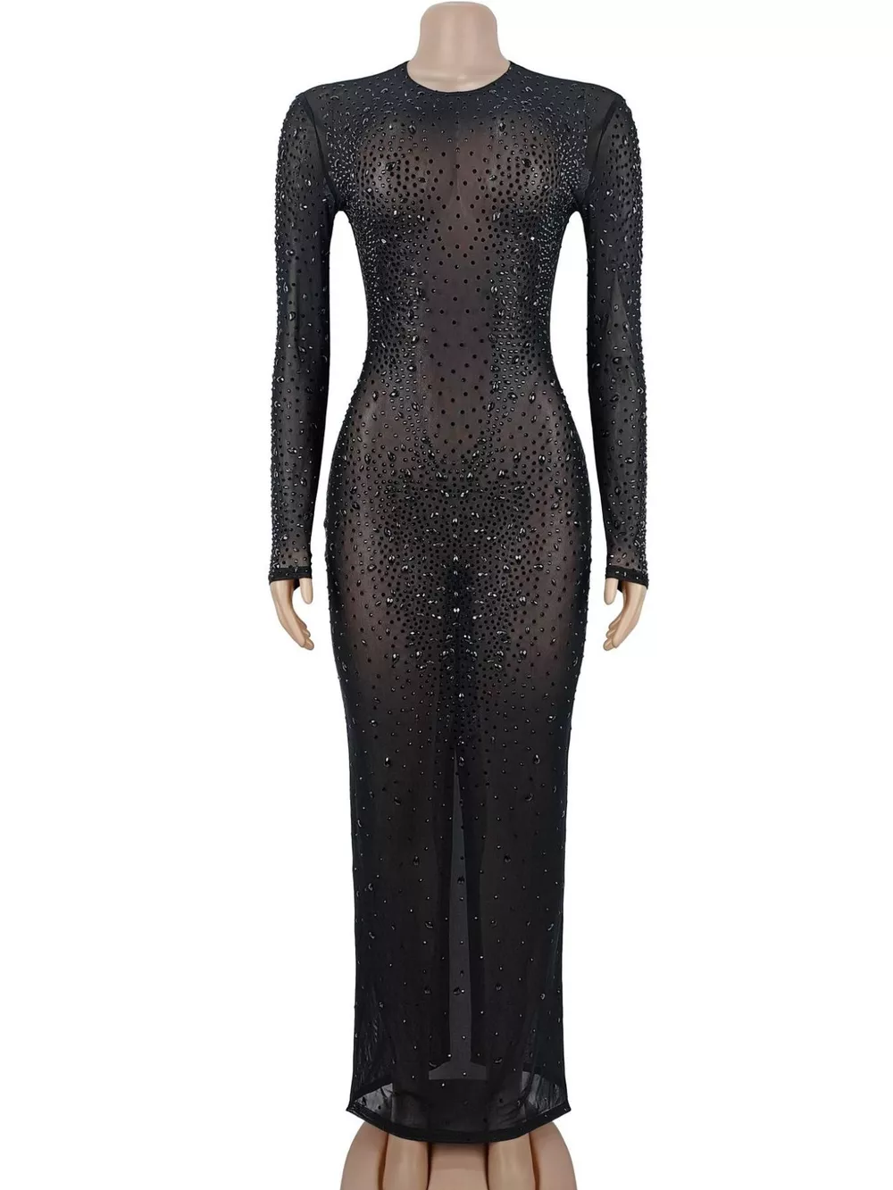 Sheer Mesh Rhinestone Embellished Long Sleeve Evening Dress, image 4