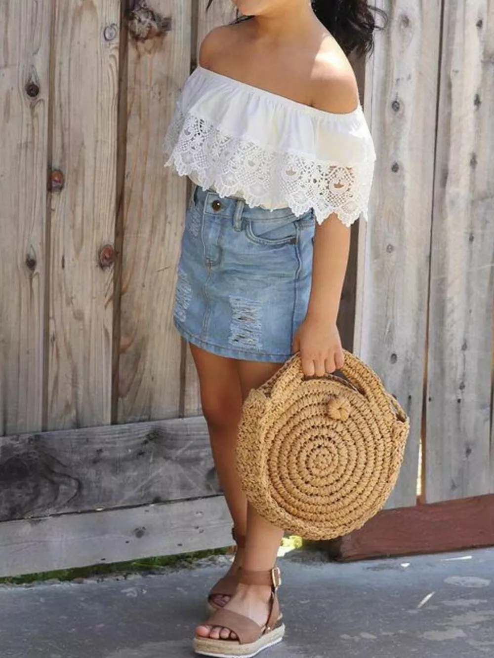 Children's Off-Shoulder Lace Top and Denim Skirt Set