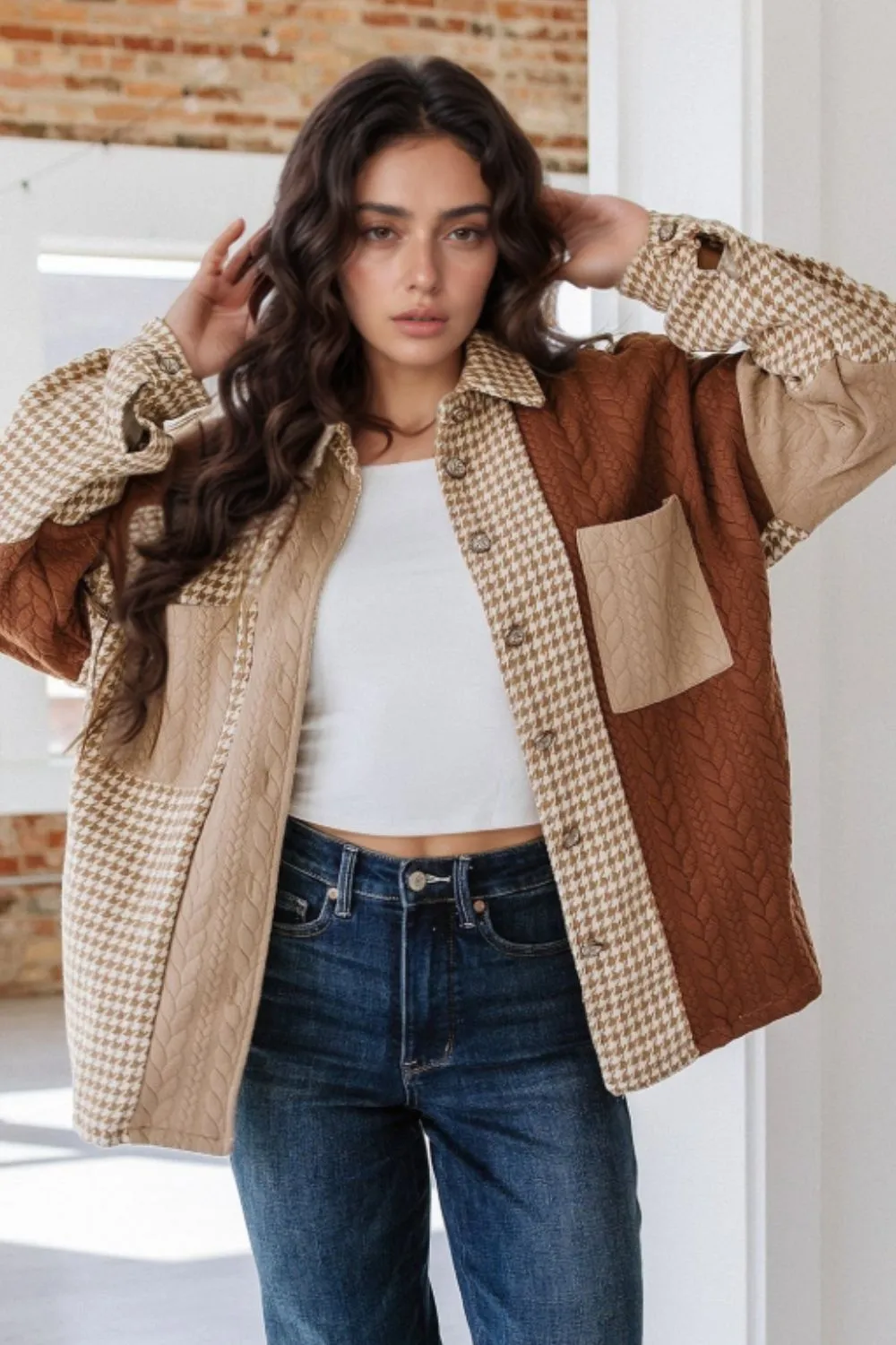 Color Block Houndstooth Collared Neck Shacket, image 9