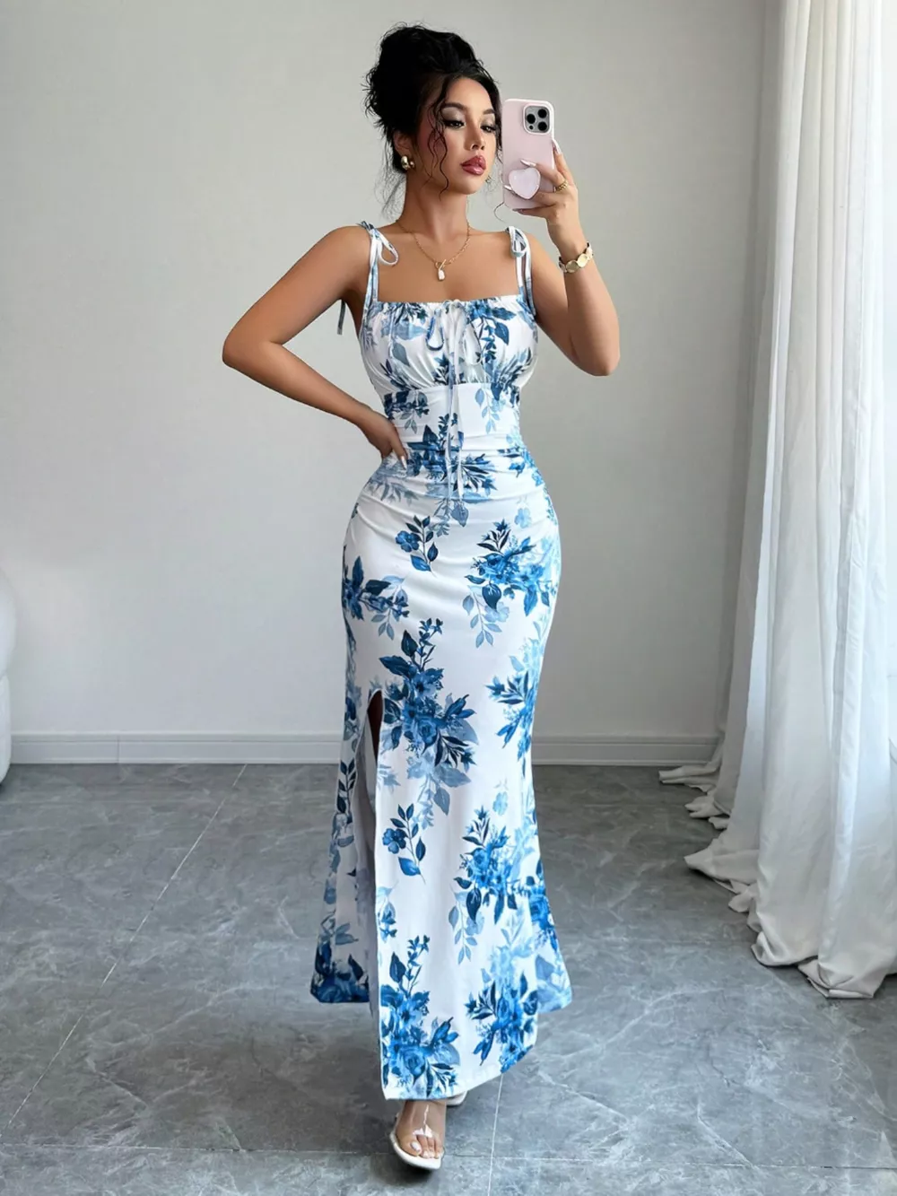 Printed Tie Strap Slit Maxi Dress, image 12