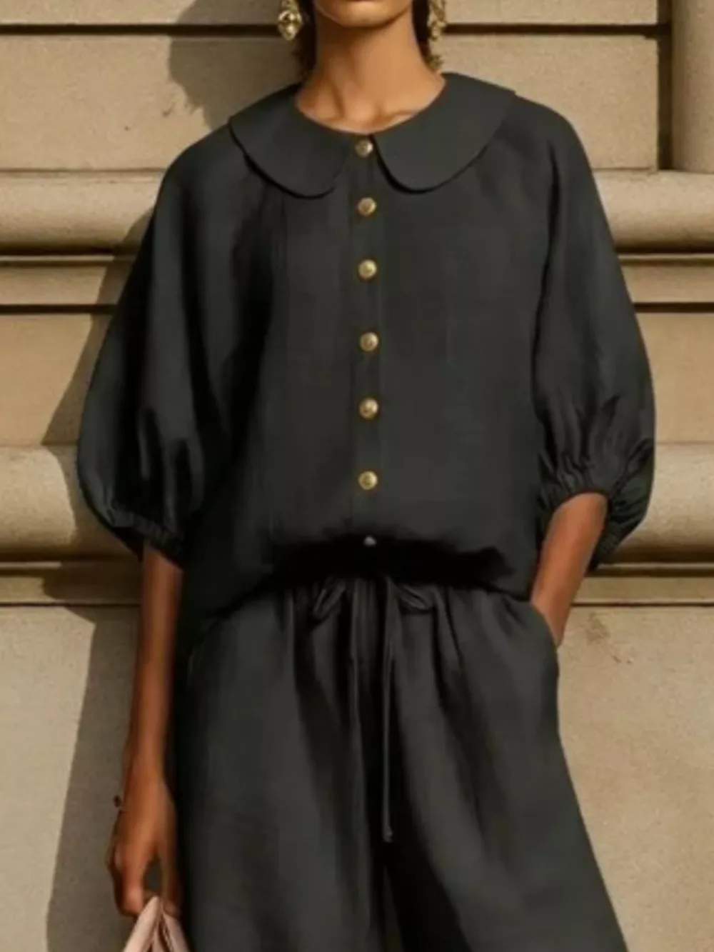 Full Size Button Down Half Sleeve Top and Pants Set Plus Size, image 4