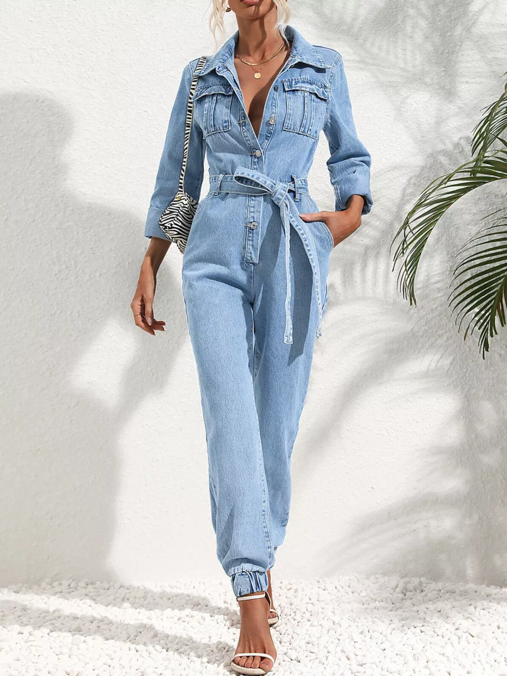 Button Front Belt Denim Jumpsuit, image 4