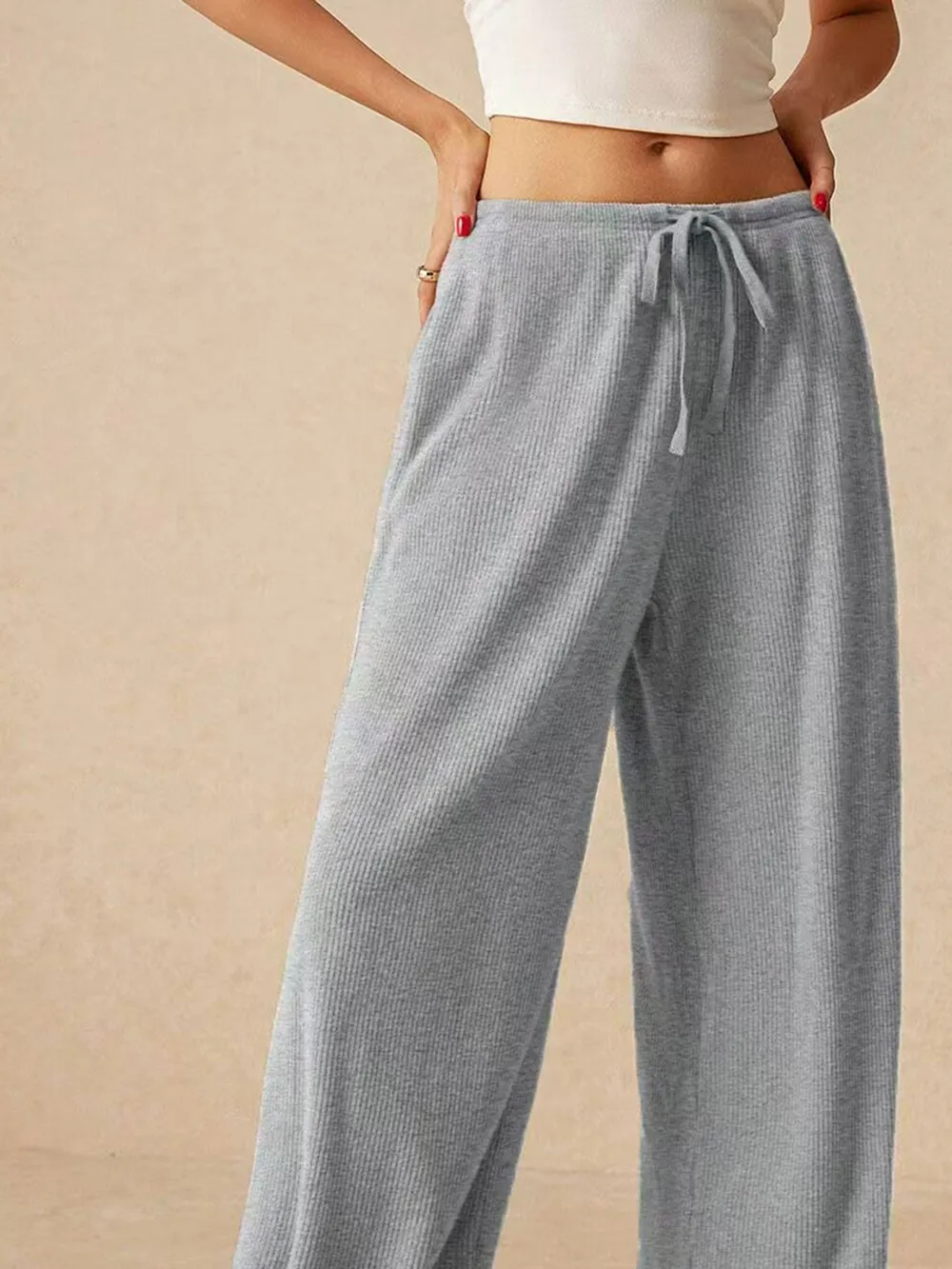 Ribbed Drawstring Wide Leg Pants, image 9