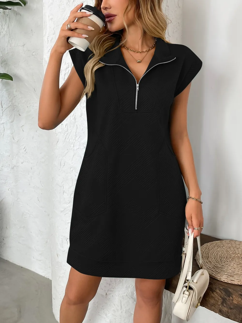 Texture Half Zip Cap Sleeve Mini Dress, image 6