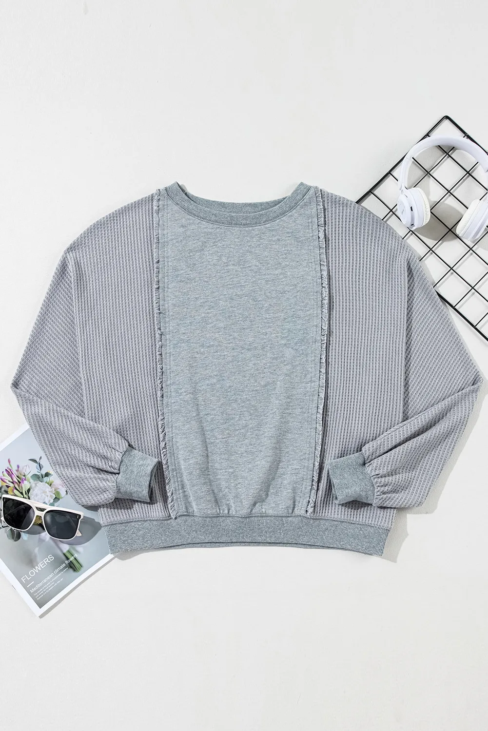 Waffle-Knit Round Neck Long Sleeve Top, image 4