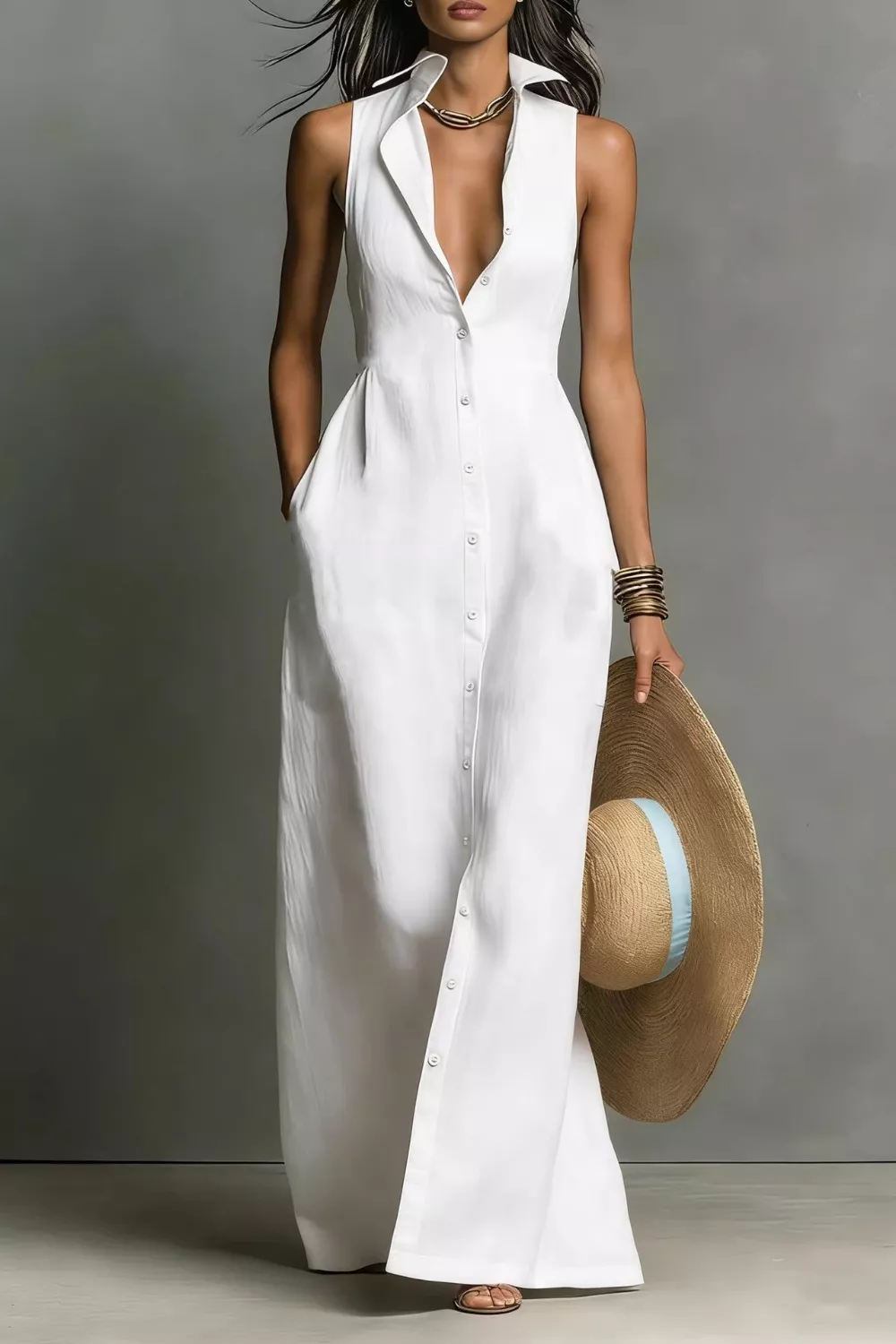 Sleeveless Button-Down Maxi Dress, image 2