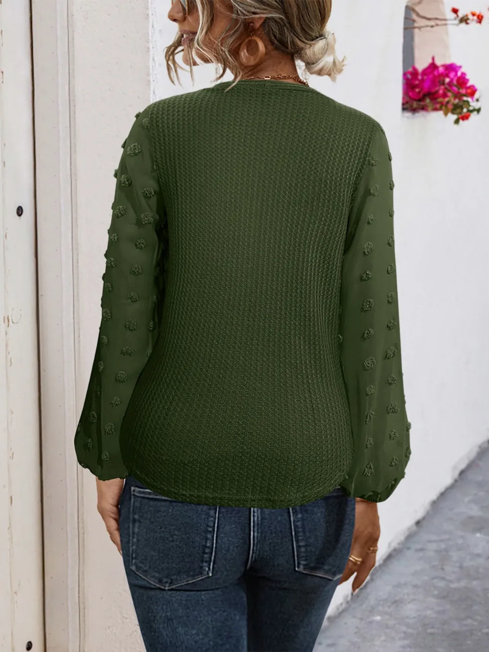 Tied Swiss Dot V-Neck Long Sleeve Blouse, image 5