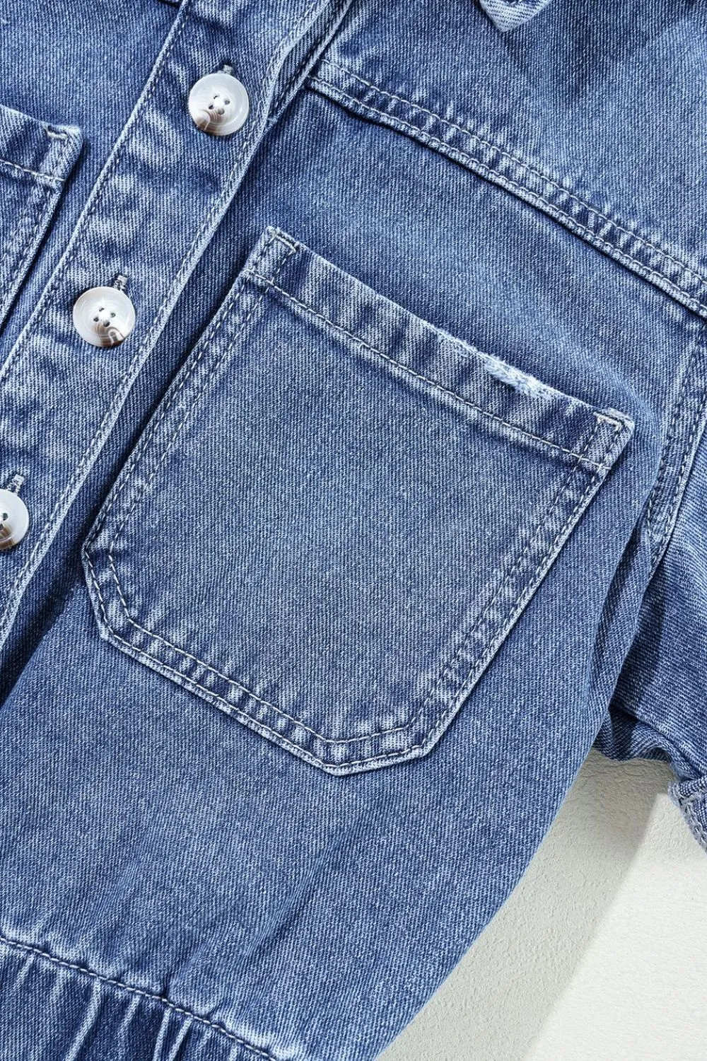 Chest Pocket Front Buttoned Folded Edge Denim Short Sleeve Romper, image 2