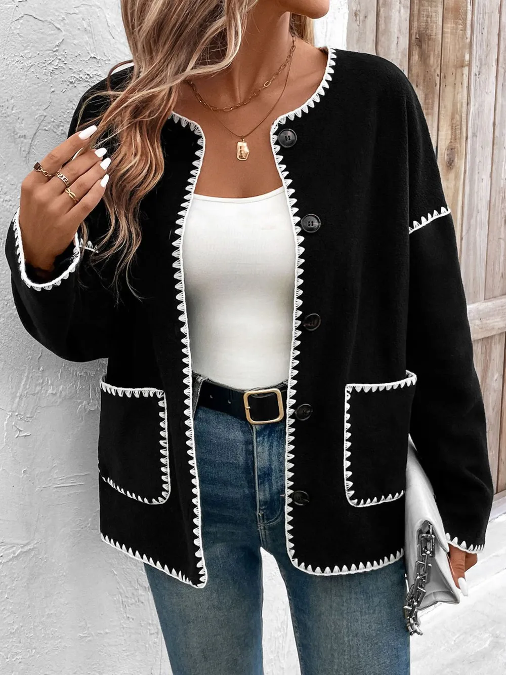 Pocketed Contrast Button Up Jacket, image 3