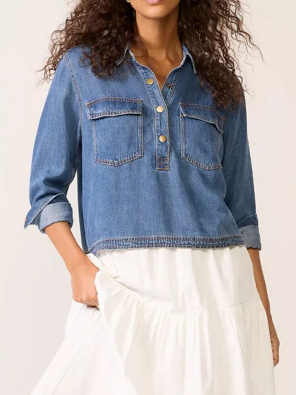 Half Snap Cropped Denim Top, image 5