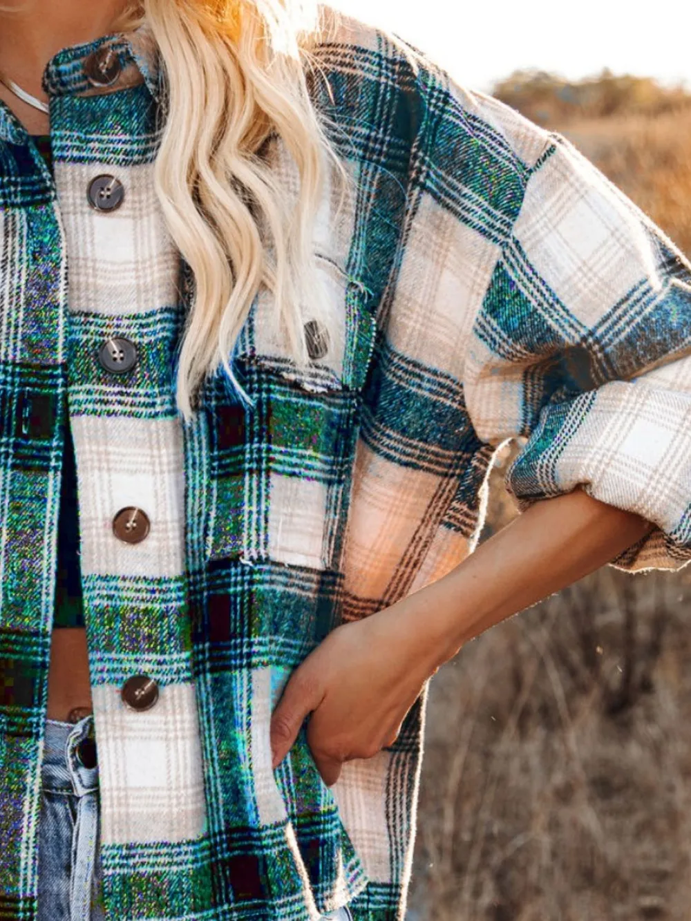 Pocketed Plaid Button Down Long Sleeve Shacket, image 7