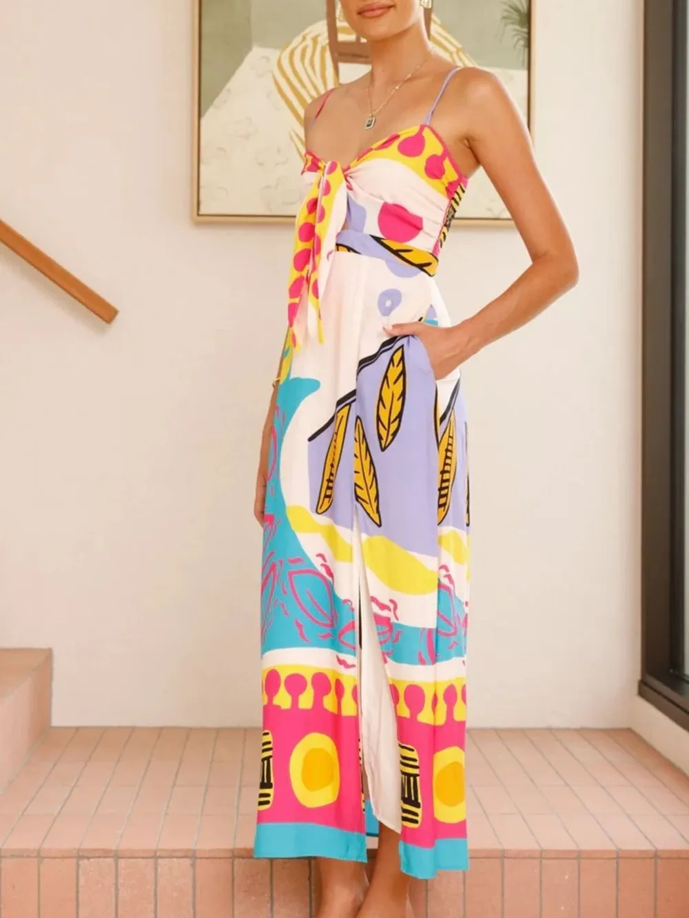 Tied Front Printed Slit Maxi Cami Dress, image 5