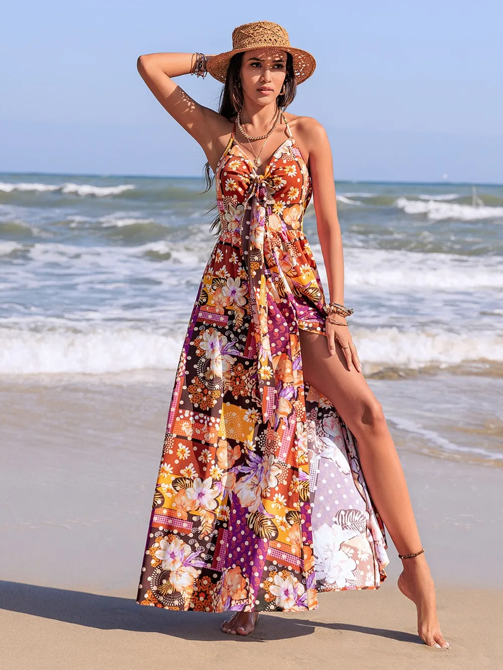 Slit Printed Halter Neck Cami Dress, image 3
