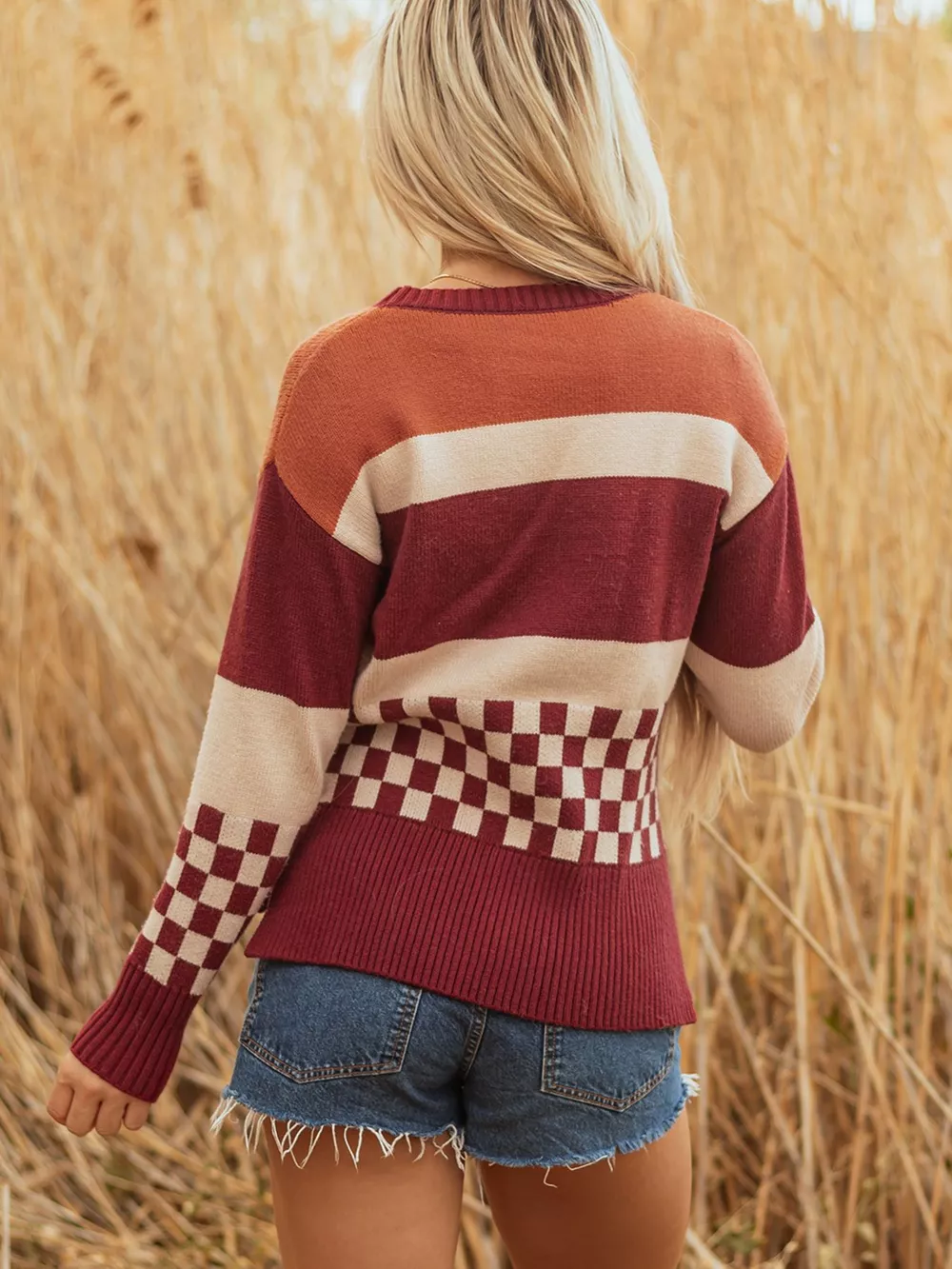 Checkered Color Block Knitted Drop Shoulder Sweater, image 2