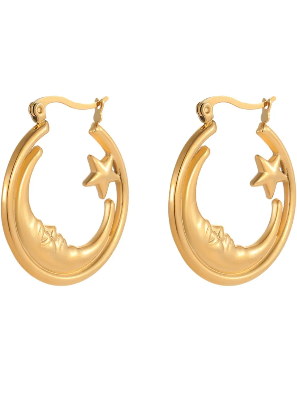 18K Gold-Plated Crescent Moon Star Hoop Earrings, image 2
