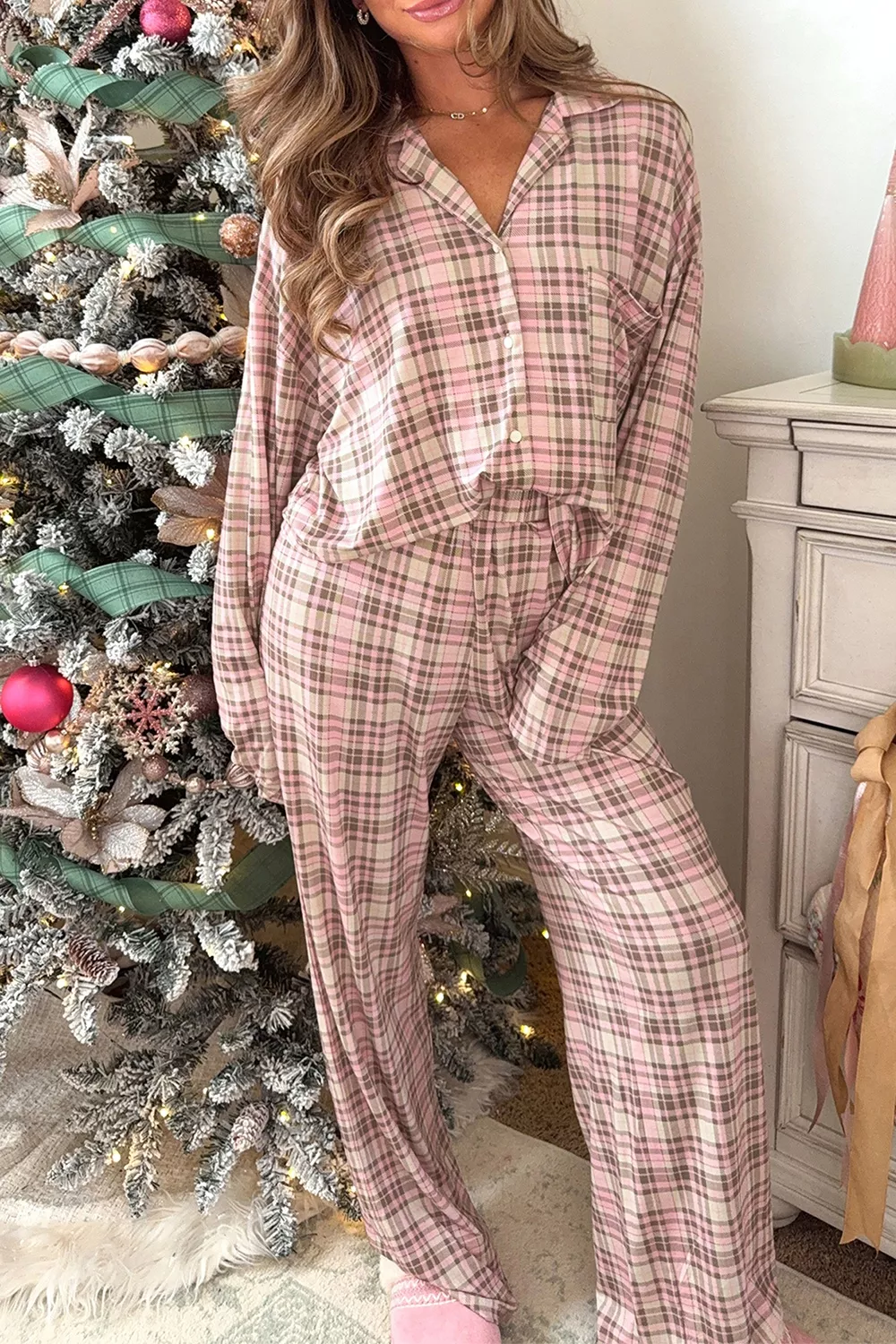 Plaid Patch Pockets Long Sleeve Lounge Set