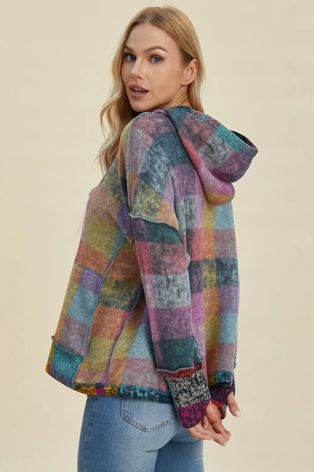 Full Size Plaid Dropped Shoulder Fleece Hoodie, image 4