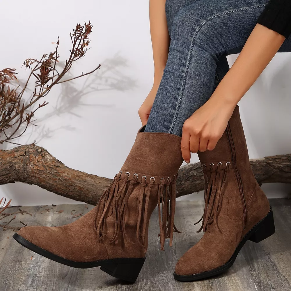Fringe Western Block Heel Boots, image 8