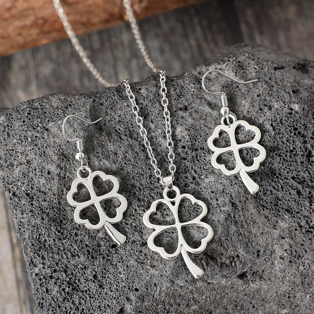 Lucky Clover Alloy Earrings and Necklace Jewelry Set, image 4