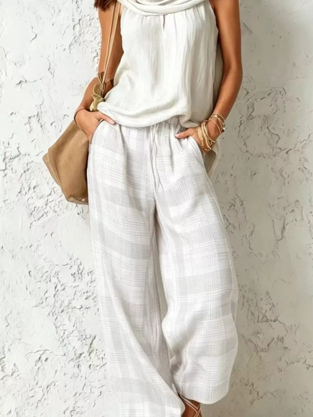 Full Size Sleeveless Cowl Neck Top and Plaid Wide-Leg Pant Two-Piece Set Plus Size, image 12