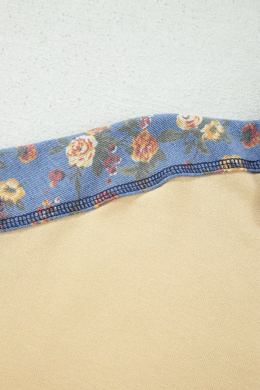 Floral Denim Patchwork Collar V Neck Long Sleeve Pullover Top, image 9