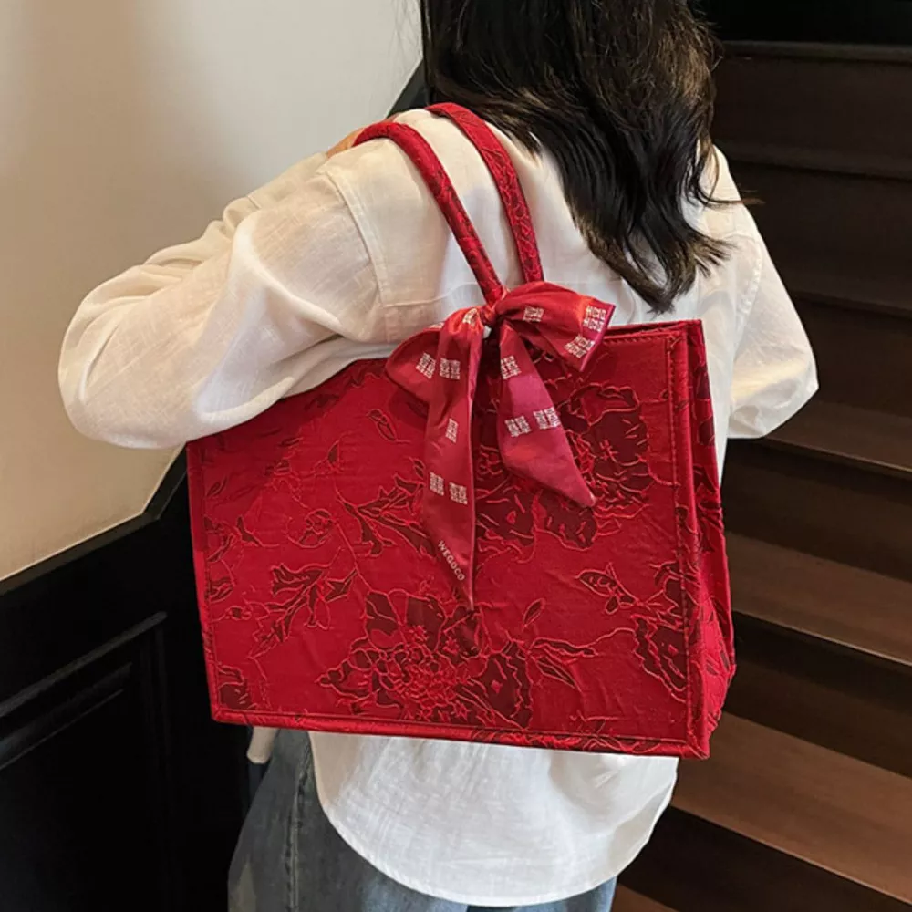 Floral Embossed Tote Handbag with Scarf Accent, image 3