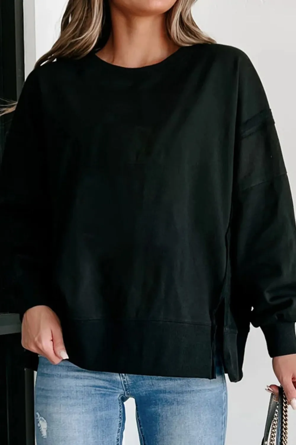 Side Slit Round Neck Long Sleeve Sweatshirt, image 22