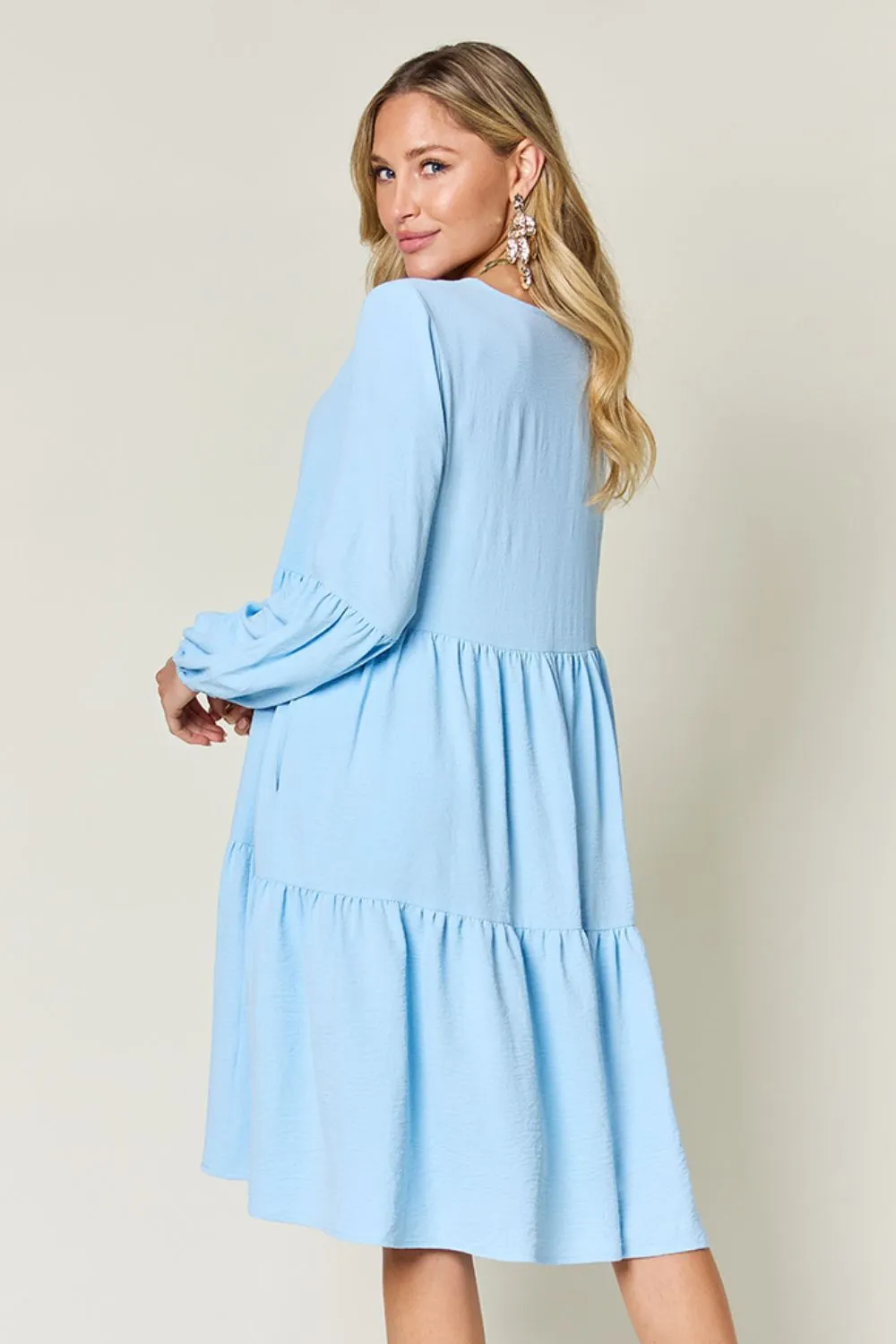 Full Size V-Neck Balloon Sleeve Tiered Dress with Pockets, image 11
