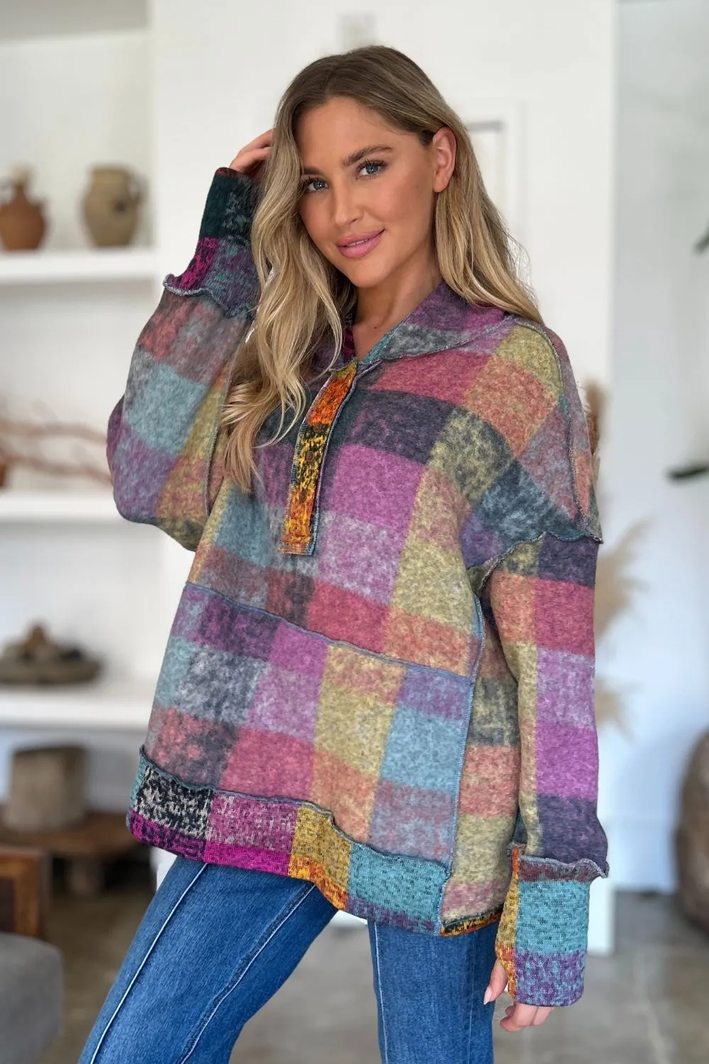 Full Size Plaid Dropped Shoulder Fleece Hoodie, image 5