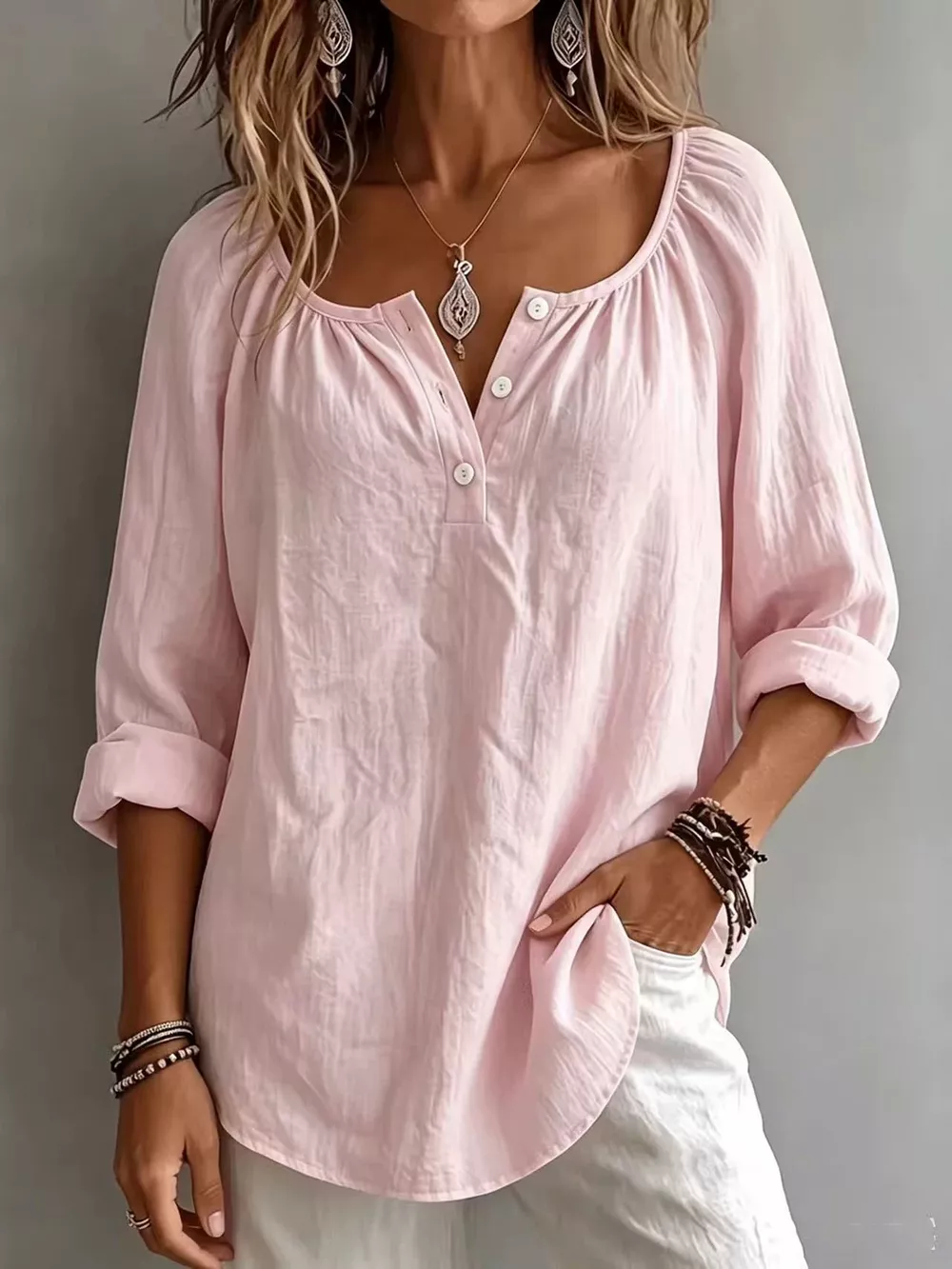 Button Detail Long Sleeve Top, image 2