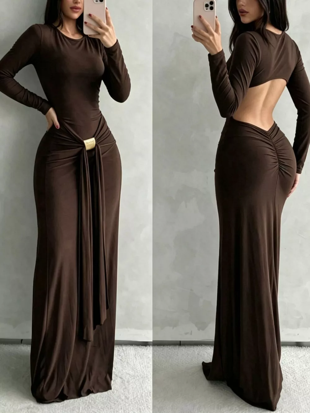 Backless Long-Sleeve Bodycon Maxi Dress with Gold-Tone Waist Buckle, image 5