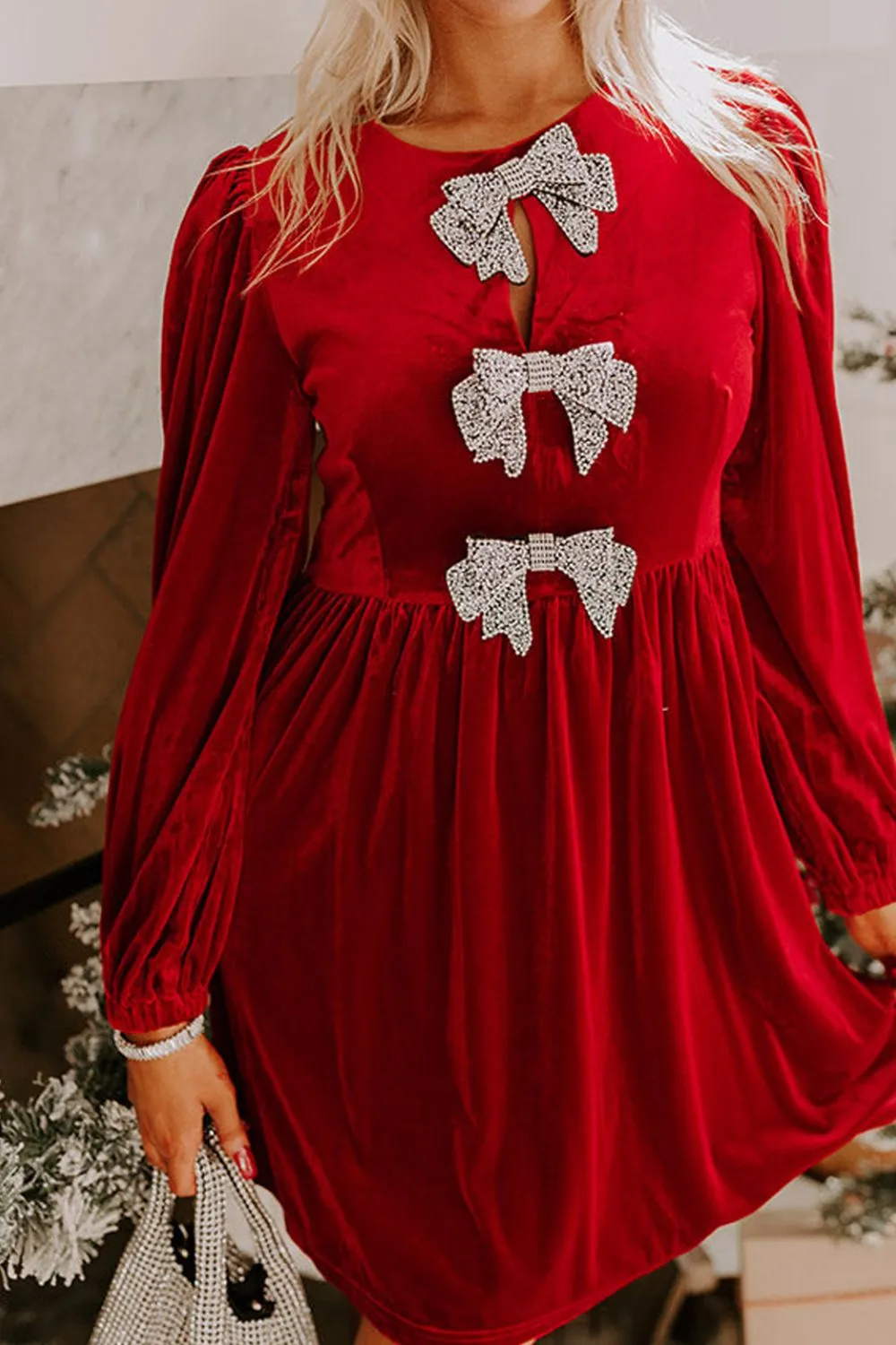 Velvet Bow Front Balloon Sleeve Dress, image 4
