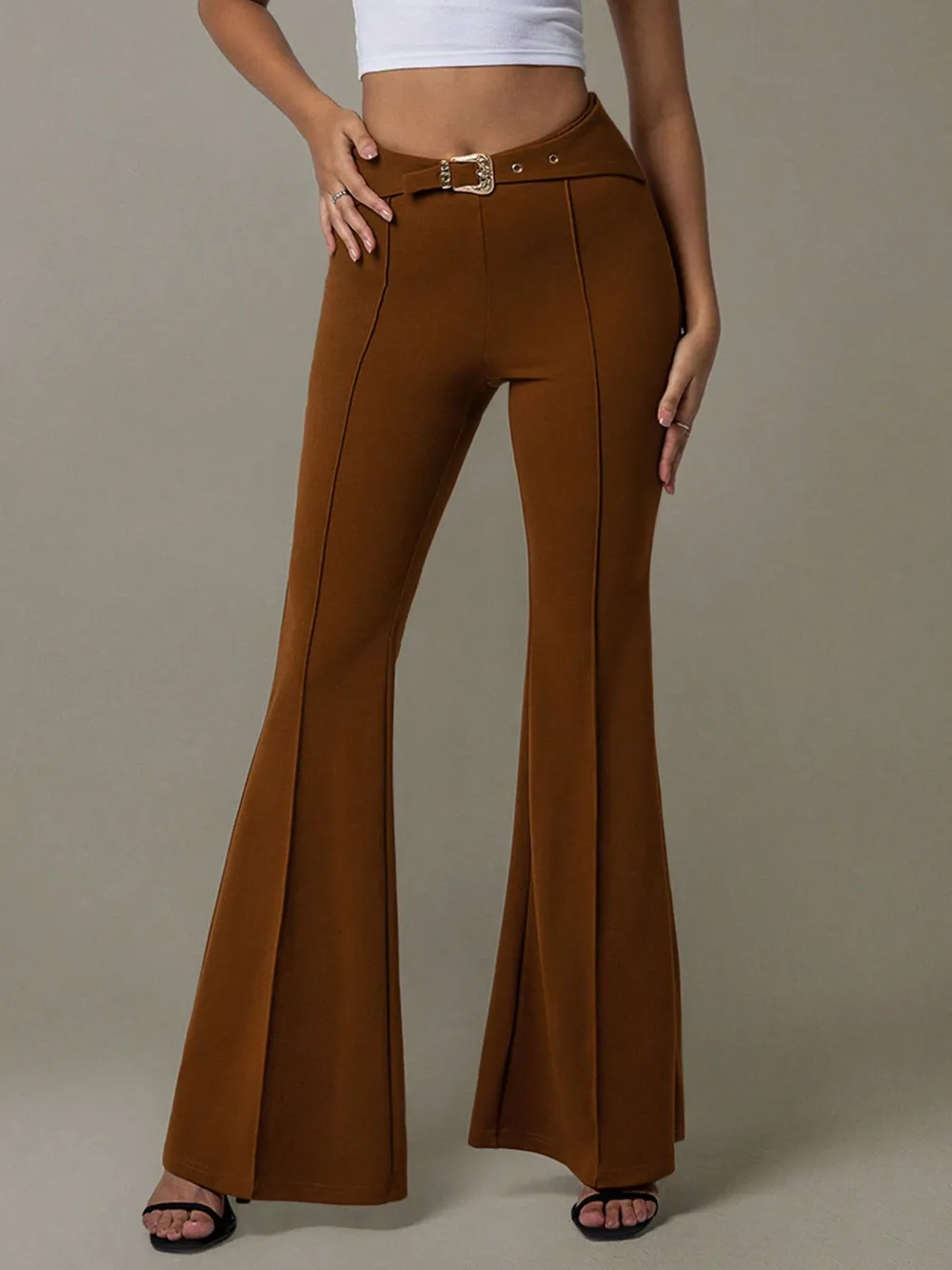 High Waist Flare Pants with Buckle Belt, image 3
