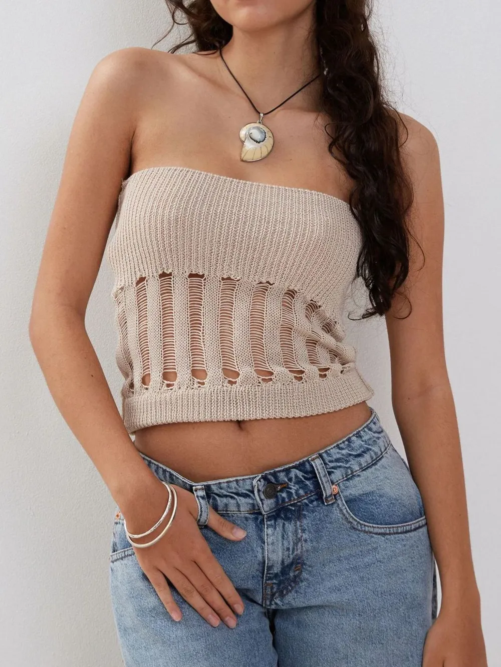 Openwork Knit Tube Top