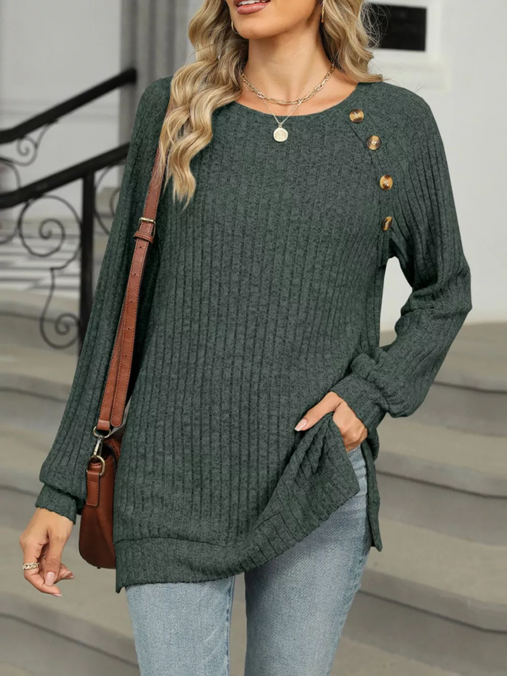 Round Neck Side Slit Ribbed Knit Top with Asymmetric Button Detail, image 7