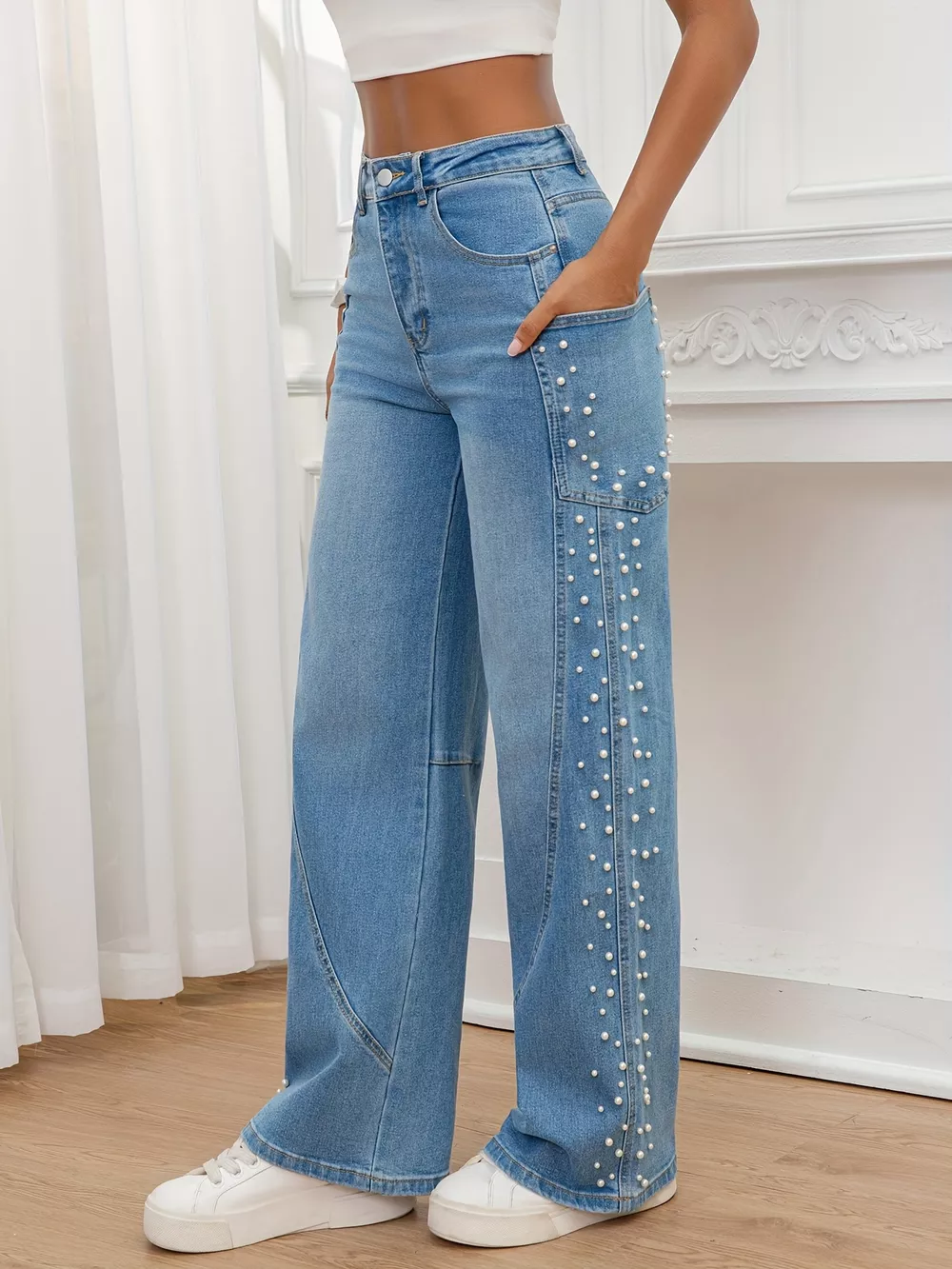 Pearl Embellished Wide Leg Jeans, image 2