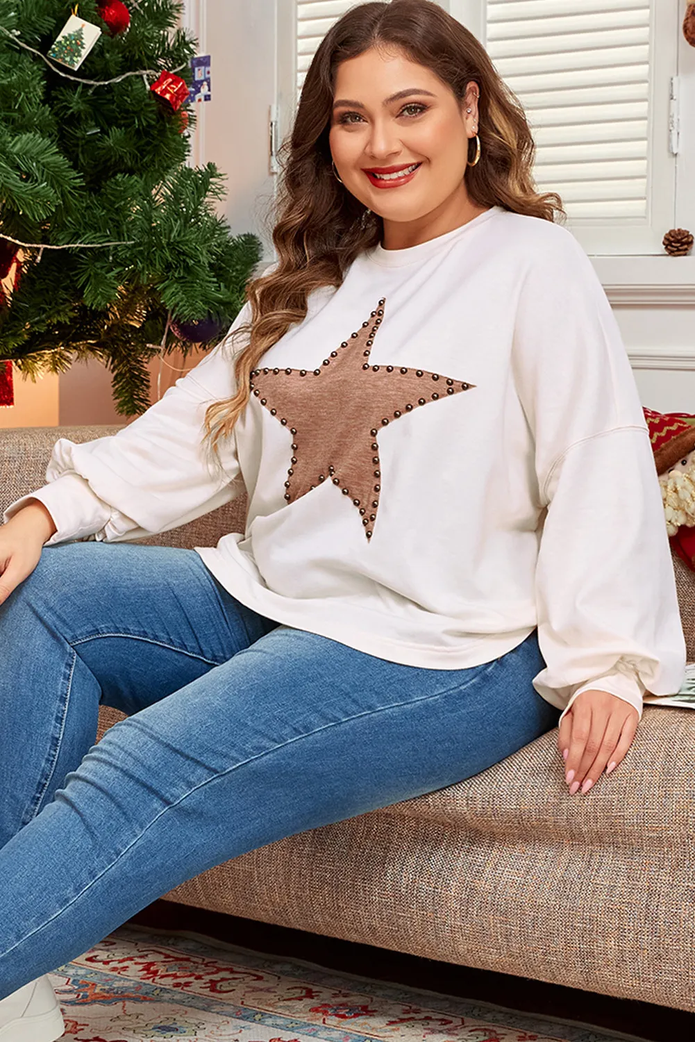 Plus Size Studded Star Round Neck Long Sleeve Blouse, image 6