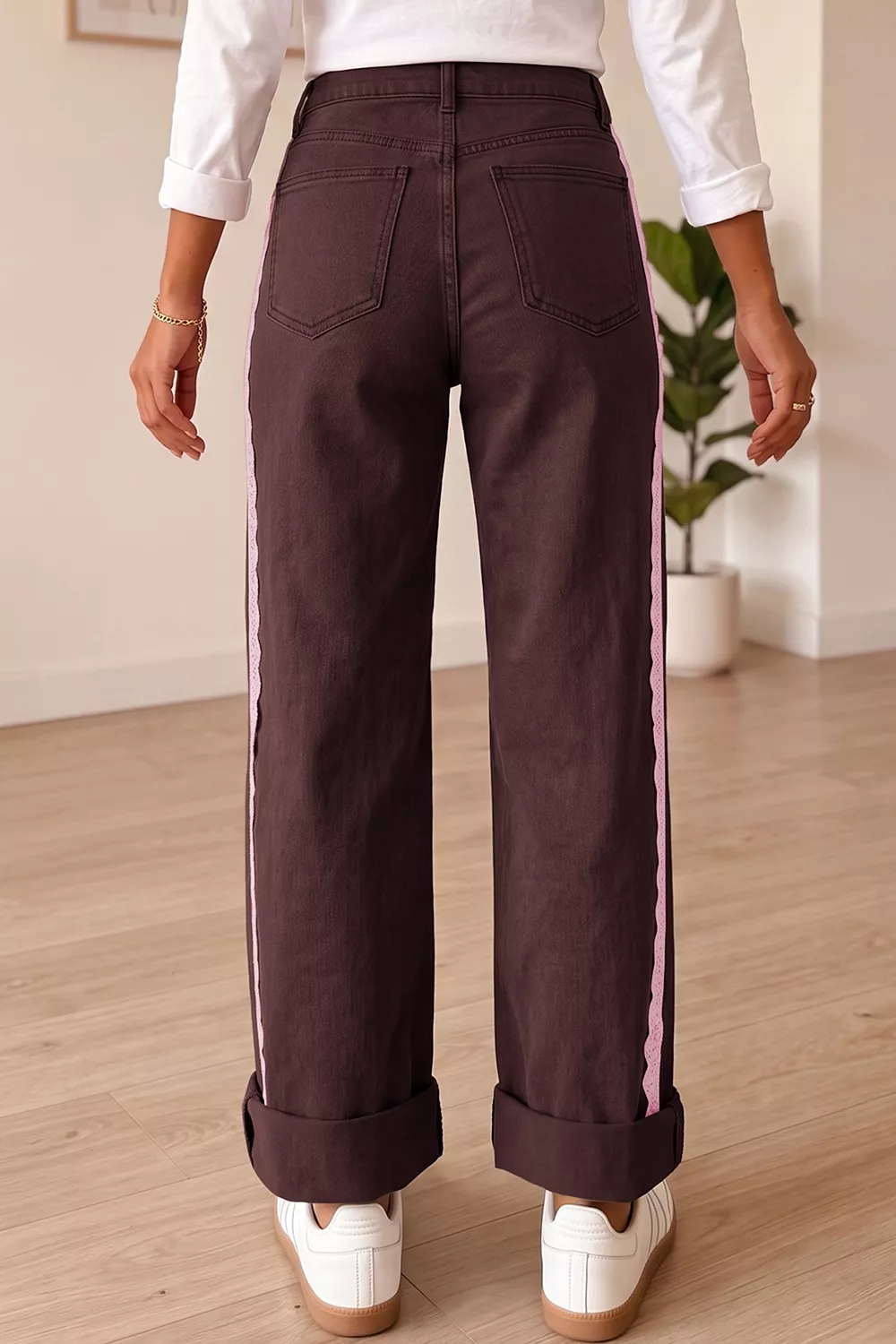Lace Trim Casual Full-Length Regular Fit Jeans, image 5